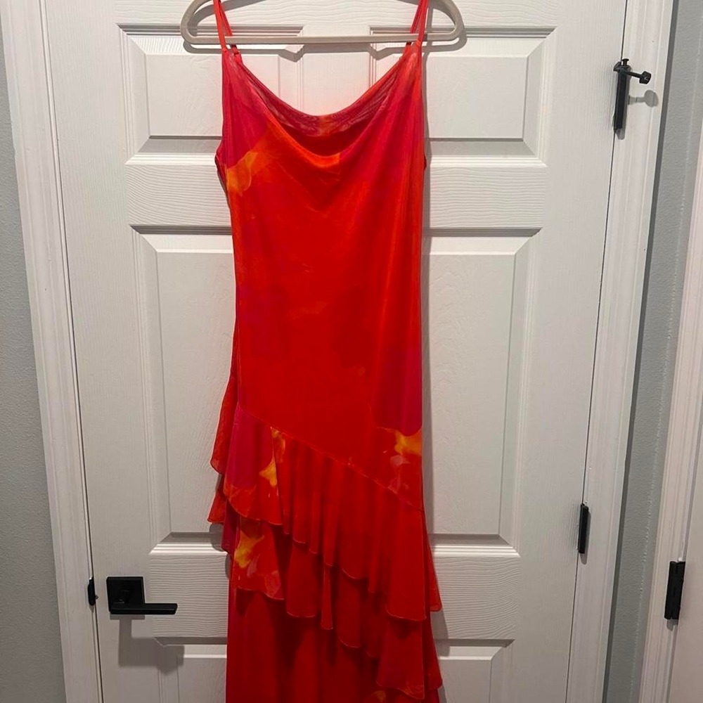Pretty Garden Orange Yellow Floral Ruffle Maxi Dress Cowl Neck Size L